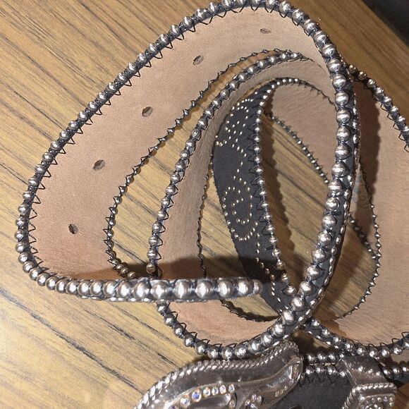 TONY LAMA Sz 34 NWOT Rhinestone Heart Buckle Silver Studs Leather Western Belt main image 10